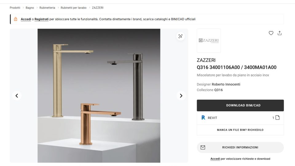 ZAZZERI AMPLIA LA PROPRIA OFFERTA BIM ANCHE LA COLLEZIONE Q316 ENTRA NELLA GALLERIA DIGITALE SU ARCHIPRODUCTS